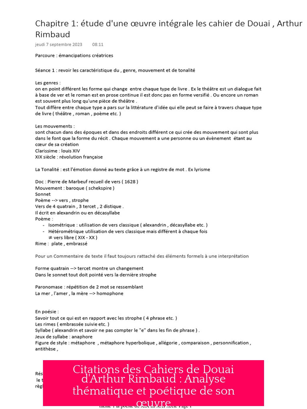 Citations des Cahiers de Douai d'Arthur Rimbaud : Analyse thématique et poétique de son œuvre
